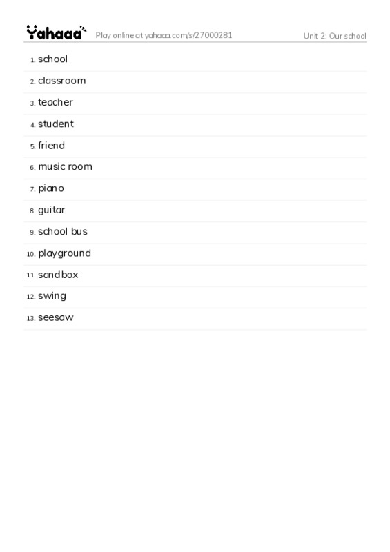 Word list with meanings worksheet for Unit 2: Our school