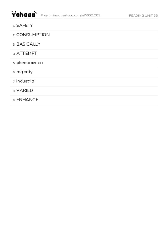 Word list with meanings worksheet for READING UNIT 3B