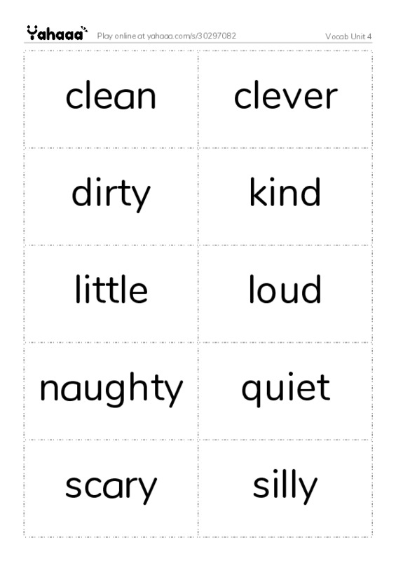 Word flashcards worksheet for Vocab Unit 4