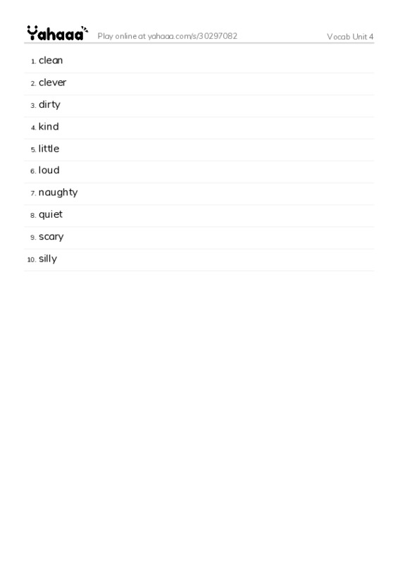 Word list with meanings worksheet for Vocab Unit 4