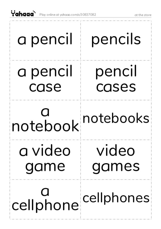 Word flashcards worksheet for at the store