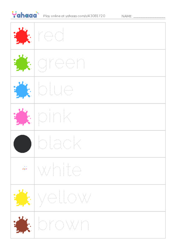 Picture and word rows worksheet for red, green, blue and 7 more