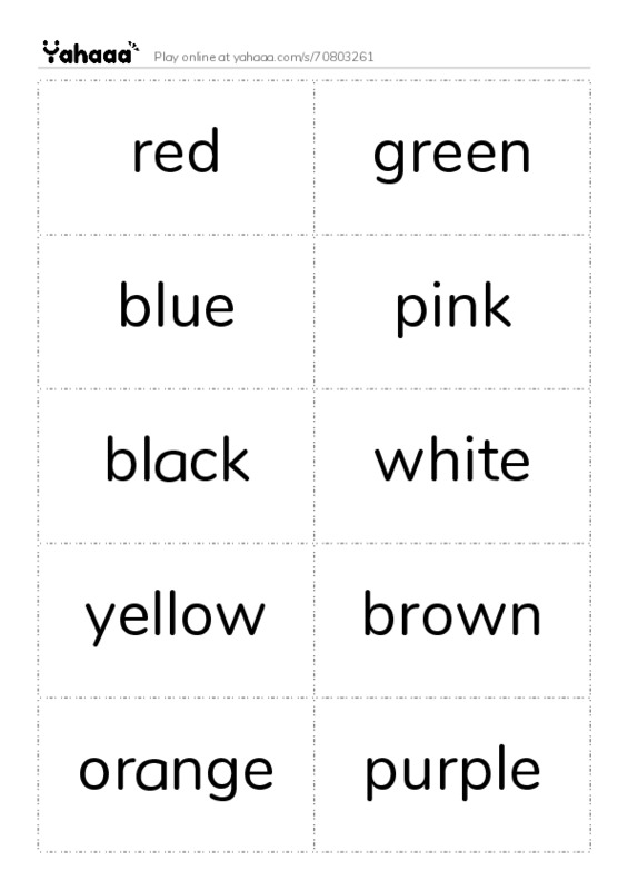 Word flashcards worksheet for red, green, blue and 7 more