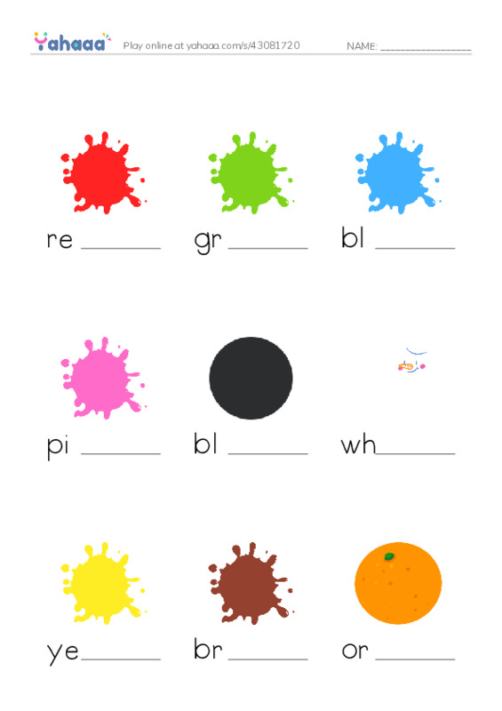 Finish the word worksheet for red, green, blue and 7 more