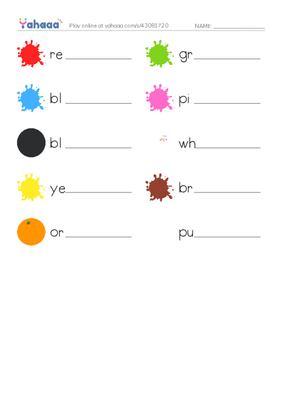 Write the word rows worksheet for red, green, blue and 7 more