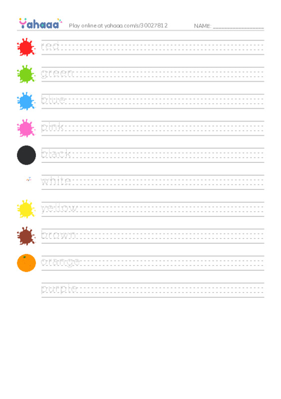Handwriting lines worksheet for red, green, blue and 7 more