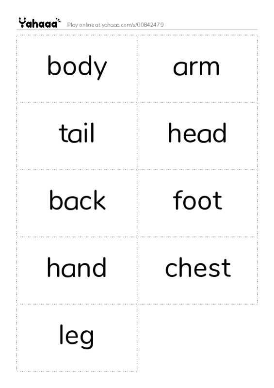 Word flashcards worksheet for body, arm, tail and 6 more