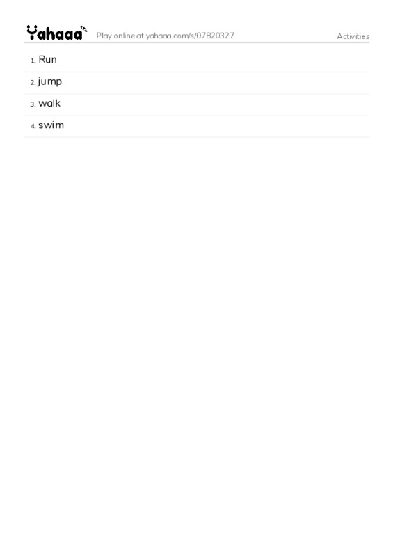 Word list with meanings worksheet for Activities