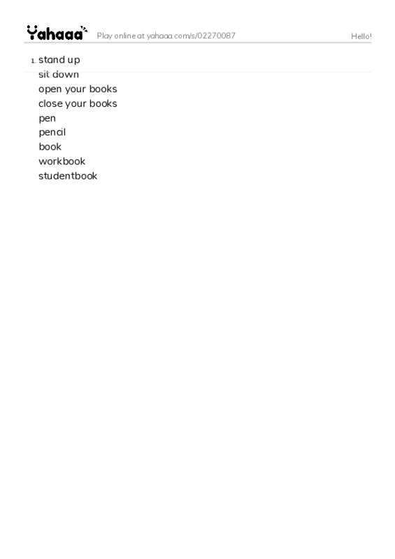Word list with meanings worksheet for Hello!