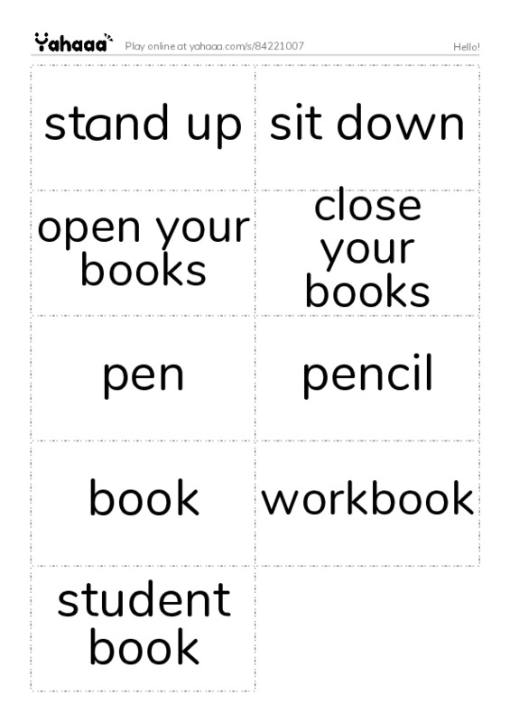 Word flashcards worksheet for Hello!