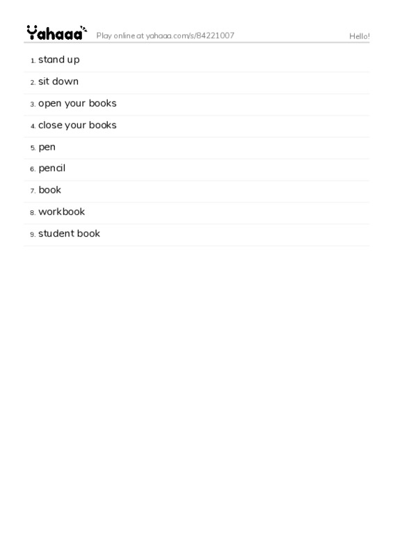 Word list with meanings worksheet for Hello!