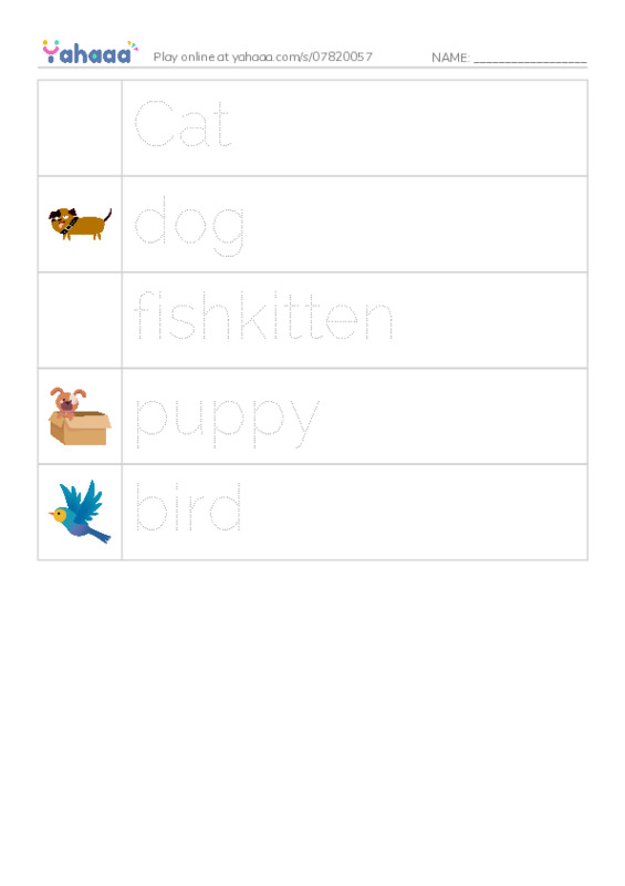 Picture and word rows worksheet for Animals