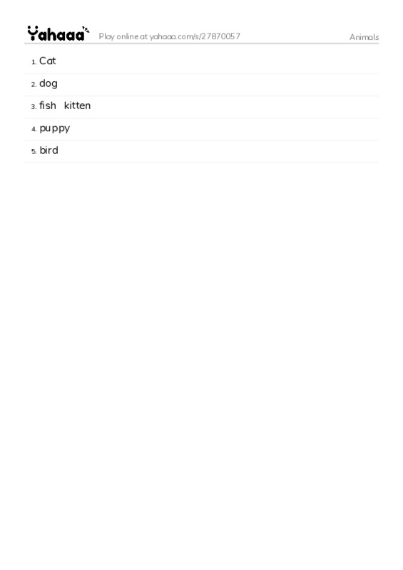 Word list with meanings worksheet for Animals