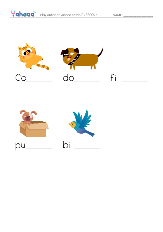 Finish the word worksheet for Animals