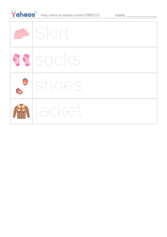 Picture and word rows worksheet for Clothes
