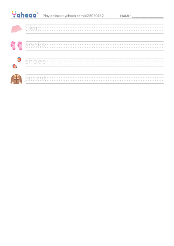 Handwriting lines worksheet for Clothes