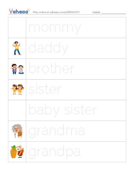Picture and word rows worksheet for family members