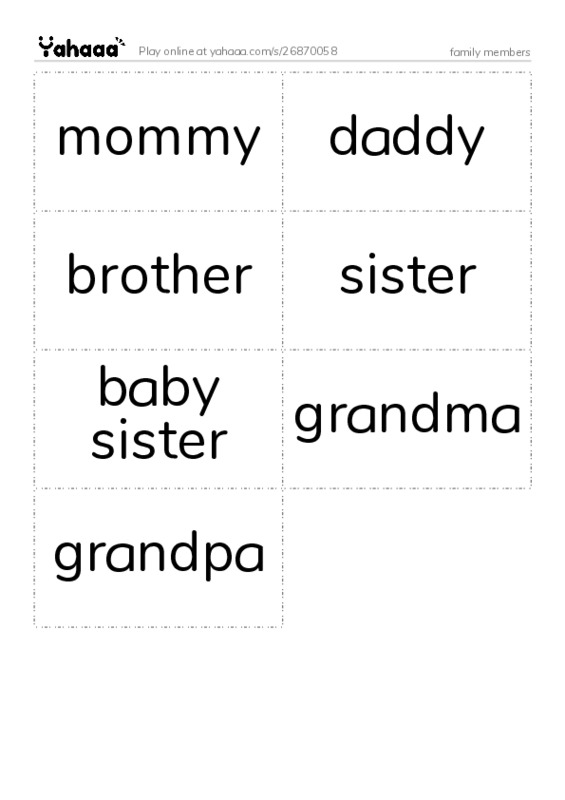 Word flashcards worksheet for family members