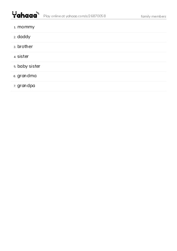 Word list with meanings worksheet for family members