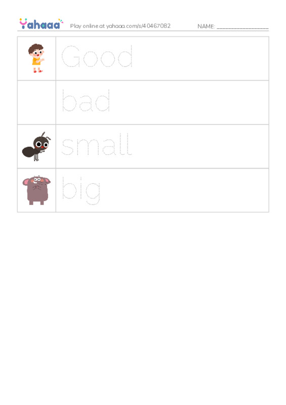 Picture and word rows worksheet for Adjetives