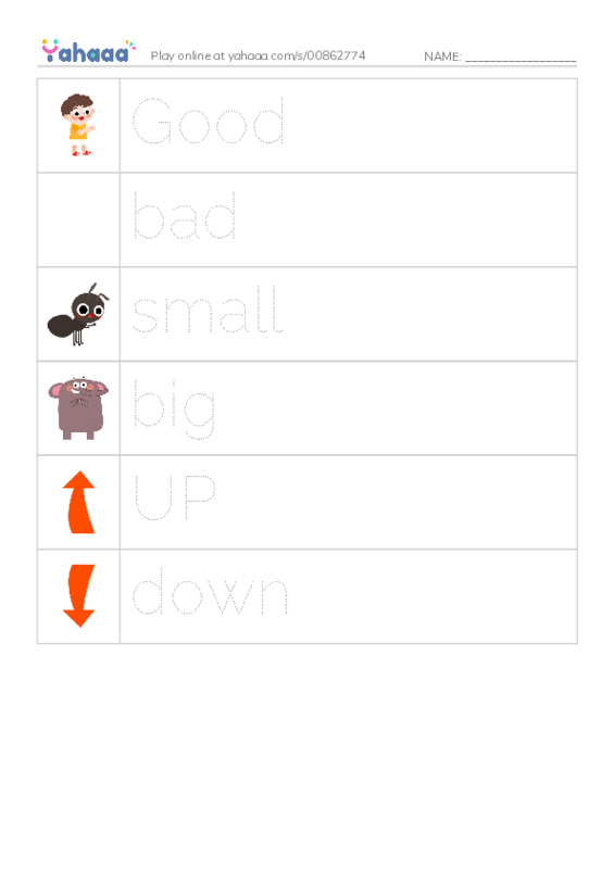 Picture and word rows worksheet for Adjetivos
