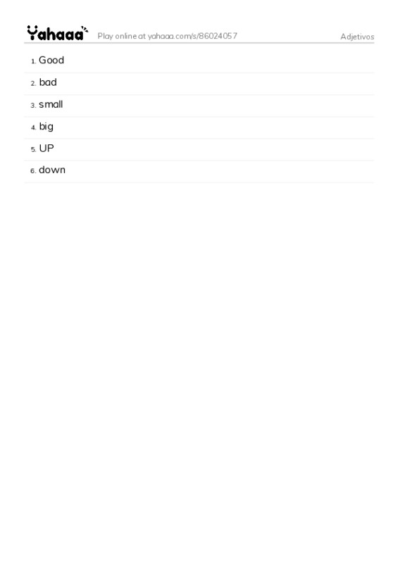 Word list with meanings worksheet for Adjetivos
