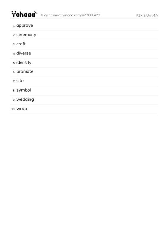 Word list with meanings worksheet for REX 2 Unit 4A