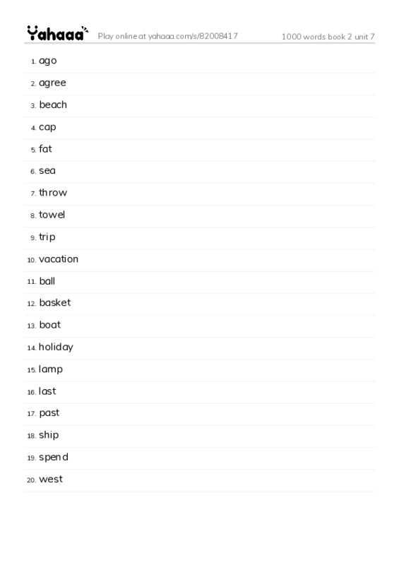 Word list with meanings worksheet for 1000 words book 2 unit 7
