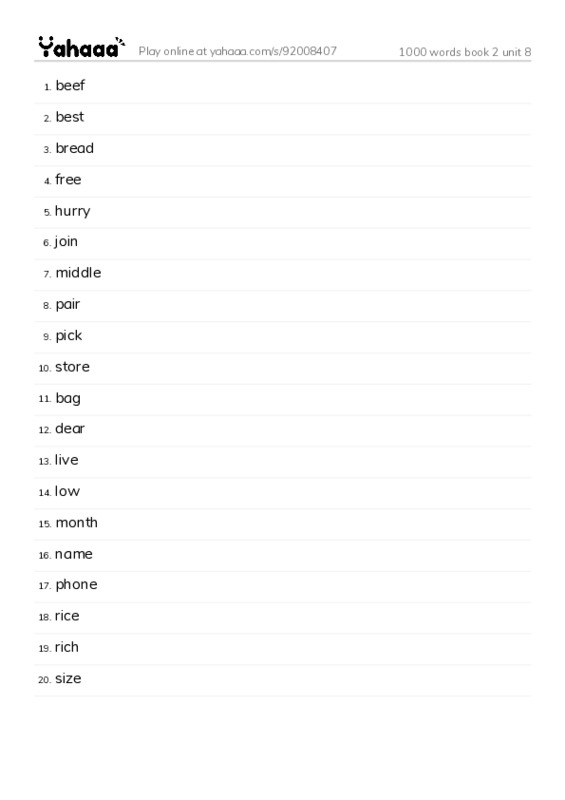 Word list with meanings worksheet for 1000 words book 2 unit 8