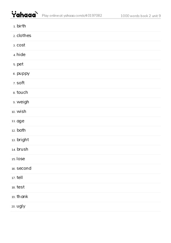 Word list with meanings worksheet for 1000 words book 2 unit 9