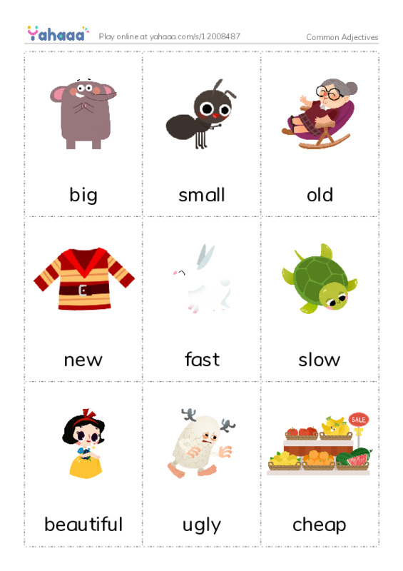 Picture flashcards worksheet for Common Adjectives