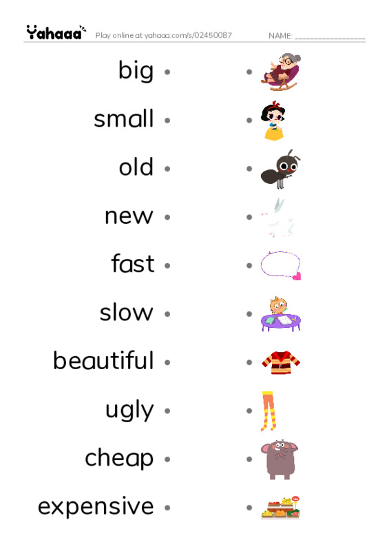 Draw a line to match worksheet for Common Adjectives