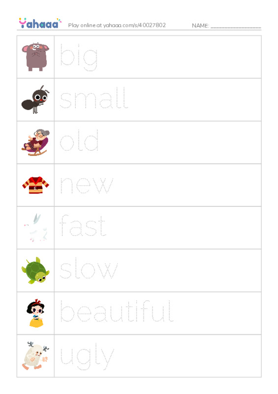 Picture and word rows worksheet for Common Adjectives