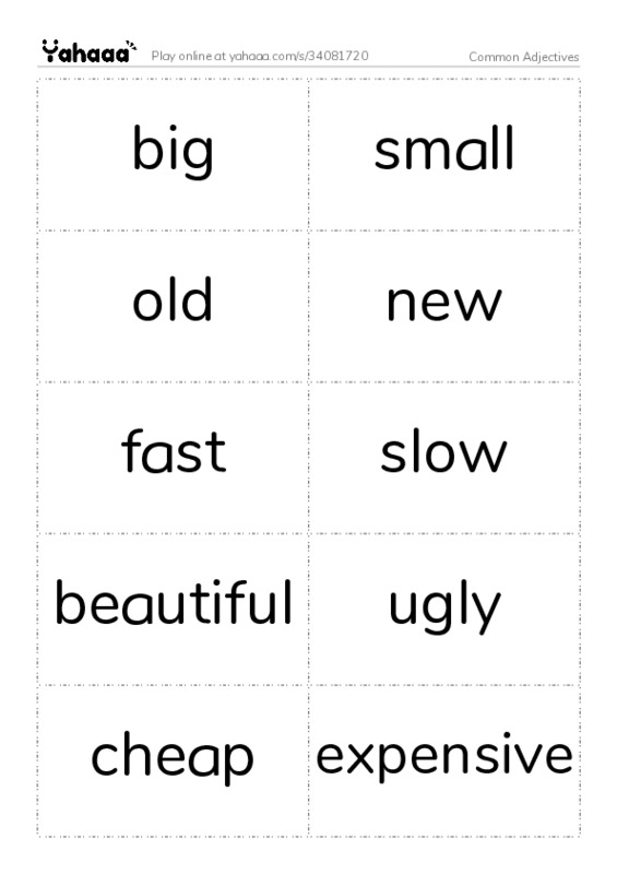 Word flashcards worksheet for Common Adjectives