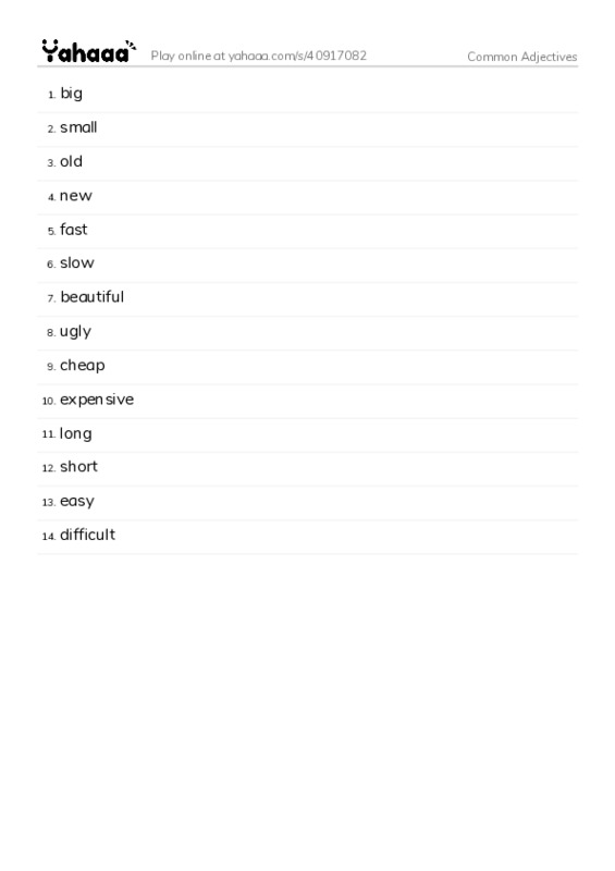 Word list with meanings worksheet for Common Adjectives