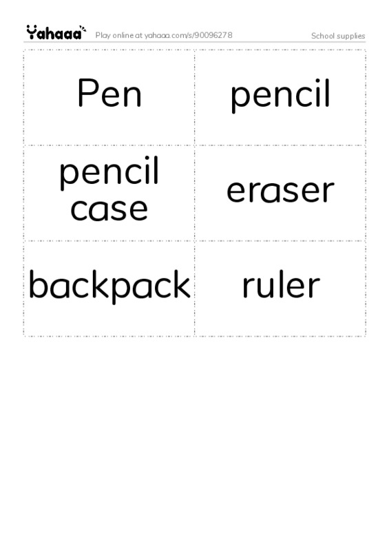 Word flashcards worksheet for School supplies