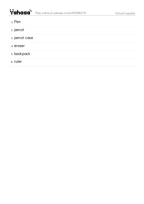 Word list with meanings worksheet for School supplies