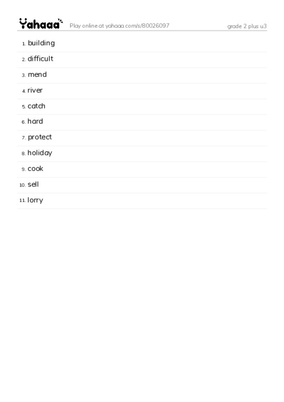 Word list with meanings worksheet for grade 2 plus u3