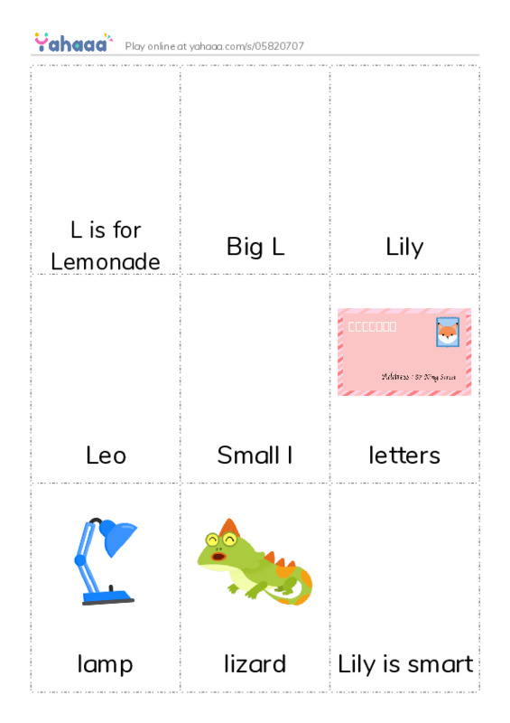 Picture flashcards worksheet for L is for Lemonade, Big L, Lily and 9 more