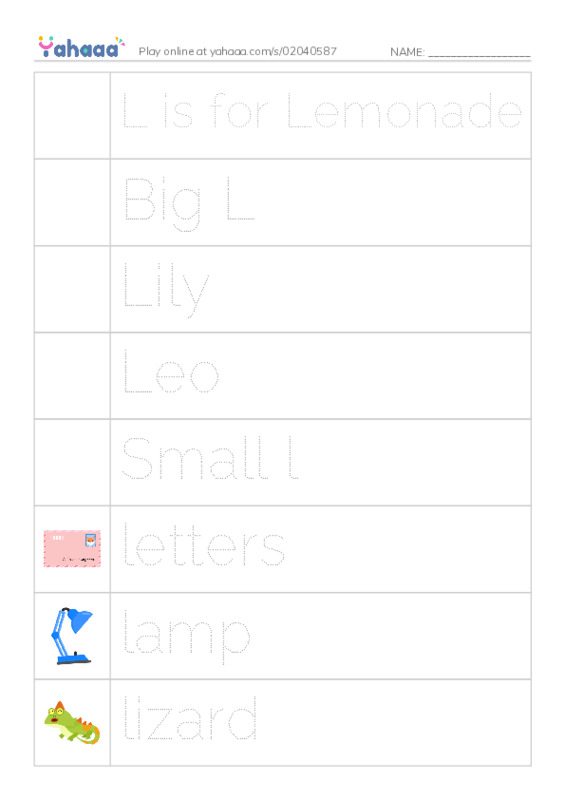 Picture and word rows worksheet for L is for Lemonade, Big L, Lily and 9 more