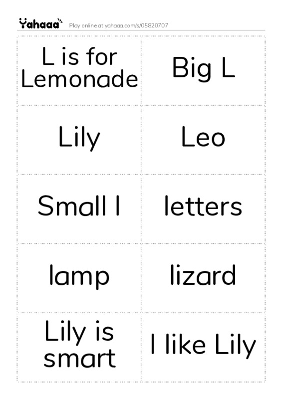 Word flashcards worksheet for L is for Lemonade, Big L, Lily and 9 more