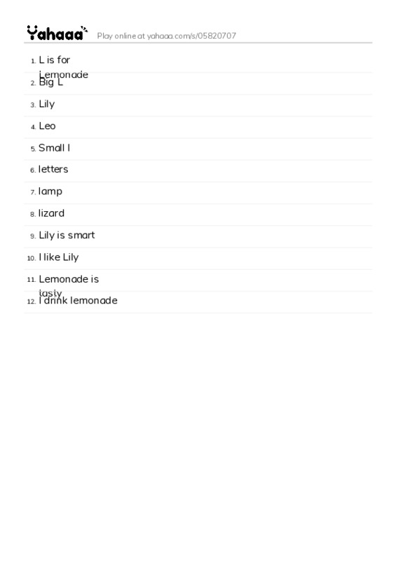 Word list with meanings worksheet for L is for Lemonade, Big L, Lily and 9 more