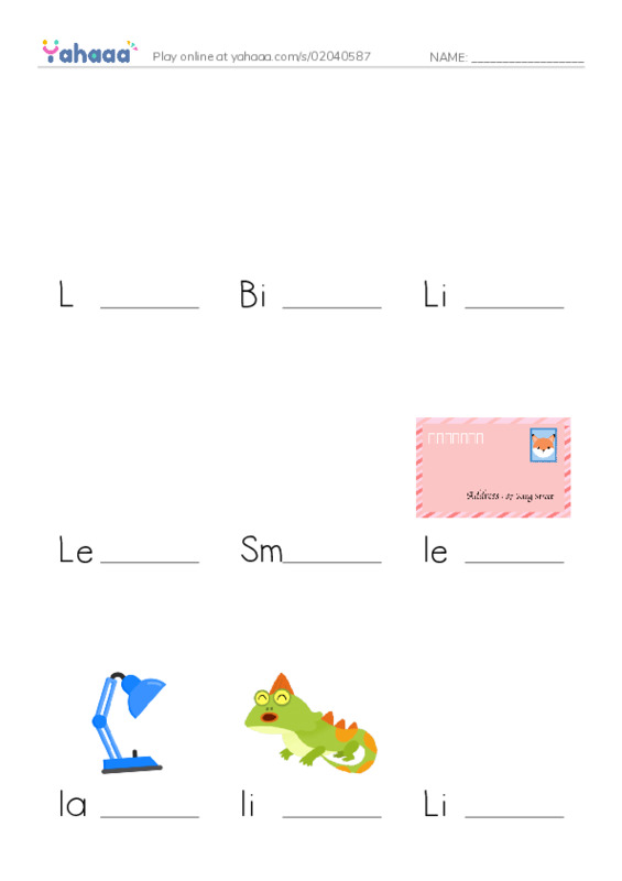 Finish the word worksheet for L is for Lemonade, Big L, Lily and 9 more