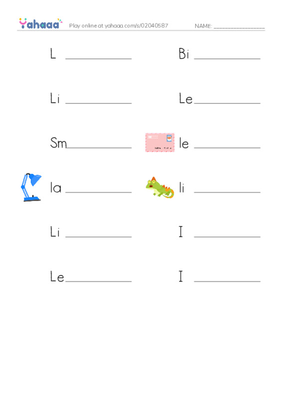 Write the word rows worksheet for L is for Lemonade, Big L, Lily and 9 more