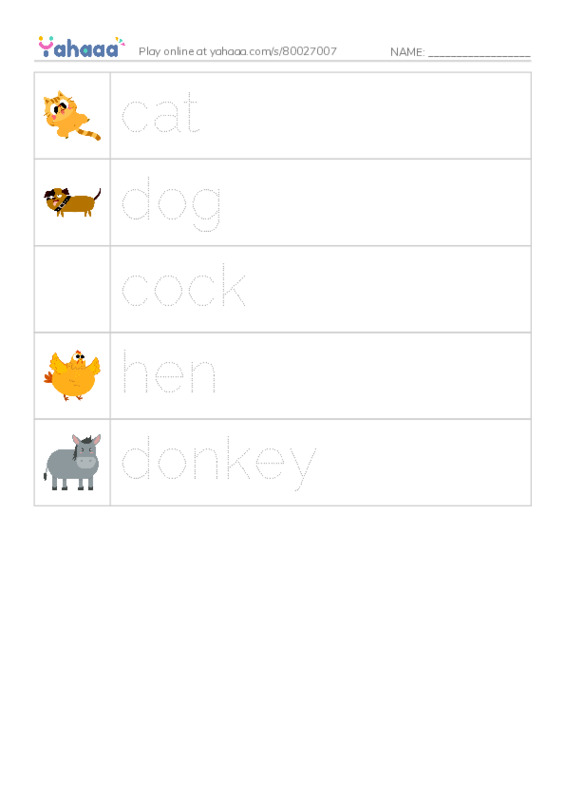 Picture and word rows worksheet for animals