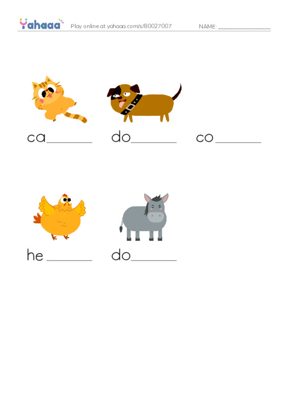 Finish the word worksheet for animals