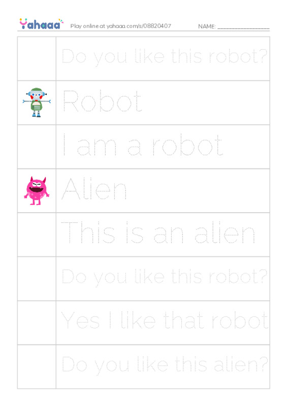 Picture and word rows worksheet for Do you like this robot?, Robot, I am a robot and 9 more