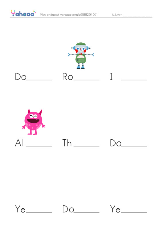 Finish the word worksheet for Do you like this robot?, Robot, I am a robot and 9 more