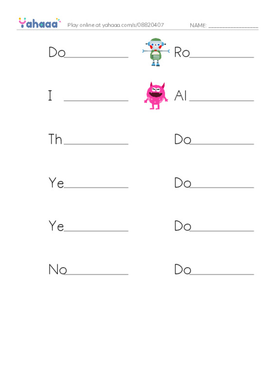 Write the word rows worksheet for Do you like this robot?, Robot, I am a robot and 9 more