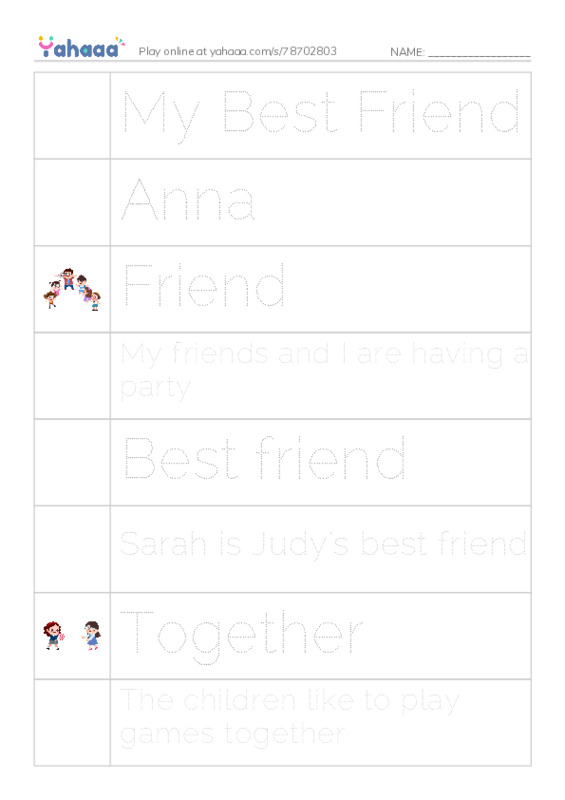 Picture and word rows worksheet for My Best Friend, Anna, Friend and 5 more